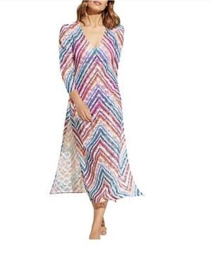 NWT STYLEST AQUALACE Rainbow Chevron Lace Puff Sleeve Belted Caftan SwimDress Am